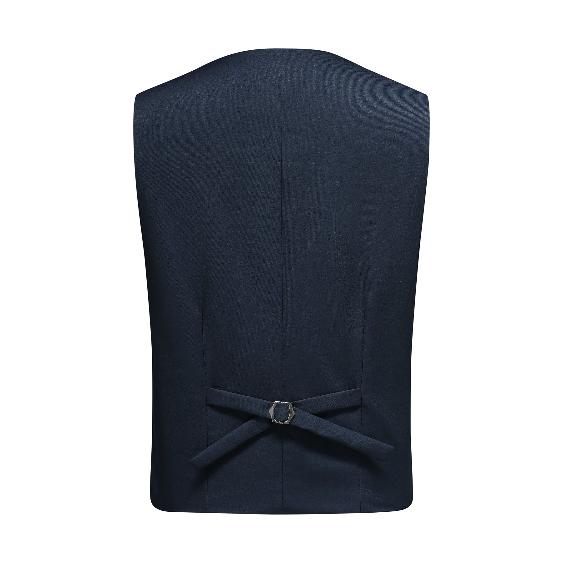 Navy # Men's slim fit 3-piece suit with notched lapel and button closure, classic navy casual formal wear set including blazer jacket, matching trousers and vest, elegant business attire for office, wedding, prom and daily events, isolated on white background.
