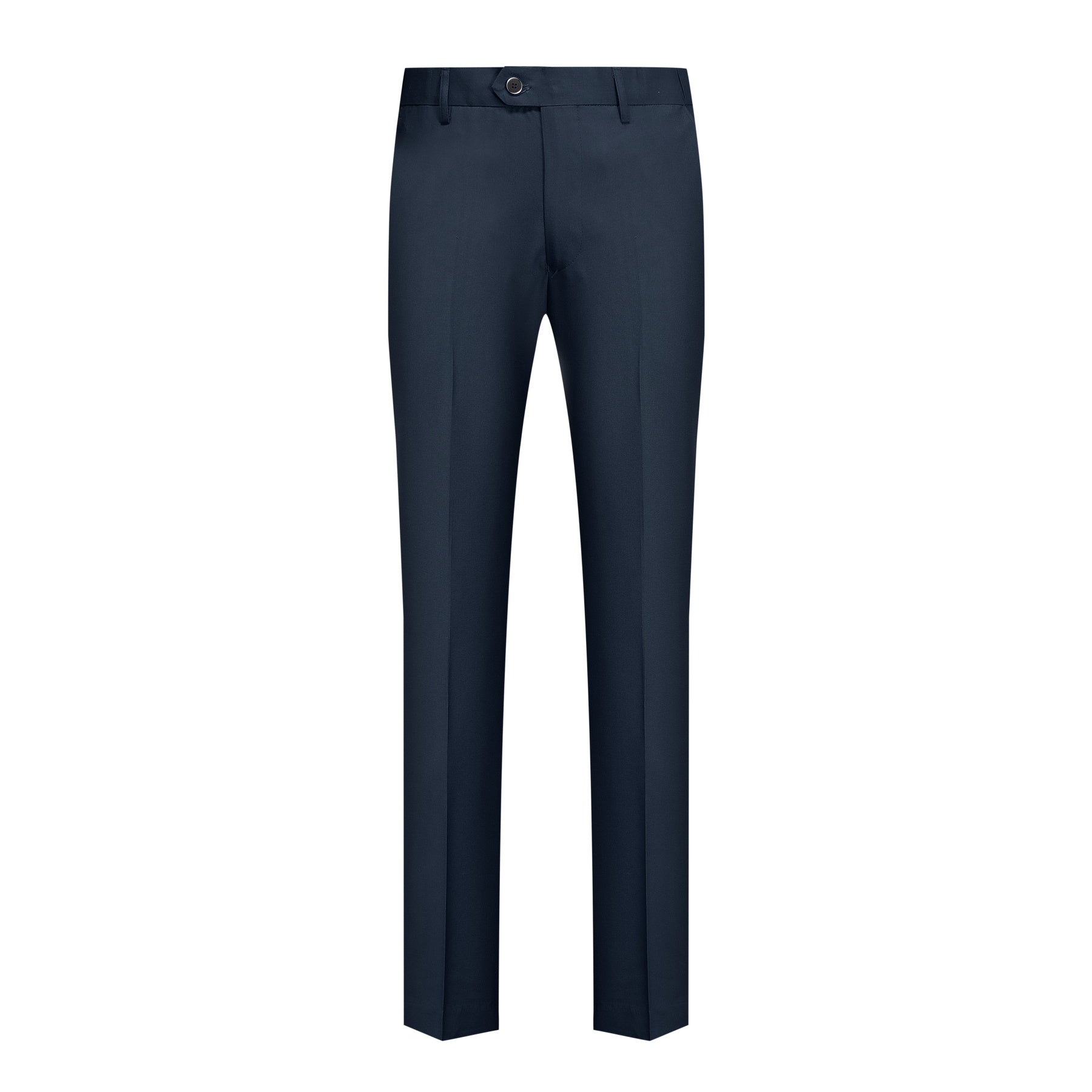 Navy # Men's slim fit 3-piece suit with notched lapel and button closure, classic navy casual formal wear set including blazer jacket, matching trousers and vest, elegant business attire for office, wedding, prom and daily events, isolated on white background.
