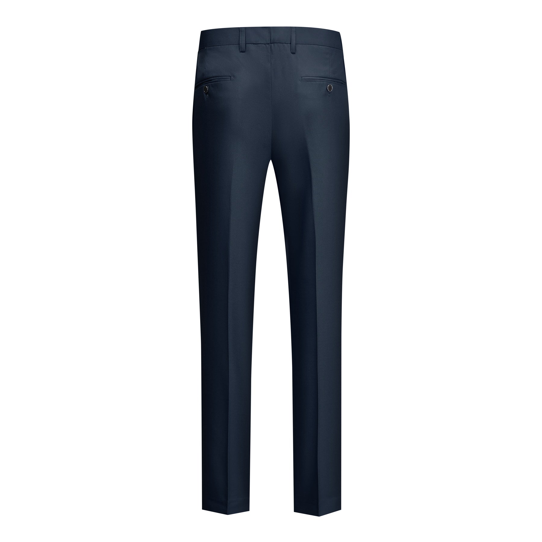 Navy # Men's slim fit 3-piece suit with notched lapel and button closure, classic navy casual formal wear set including blazer jacket, matching trousers and vest, elegant business attire for office, wedding, prom and daily events, isolated on white background.