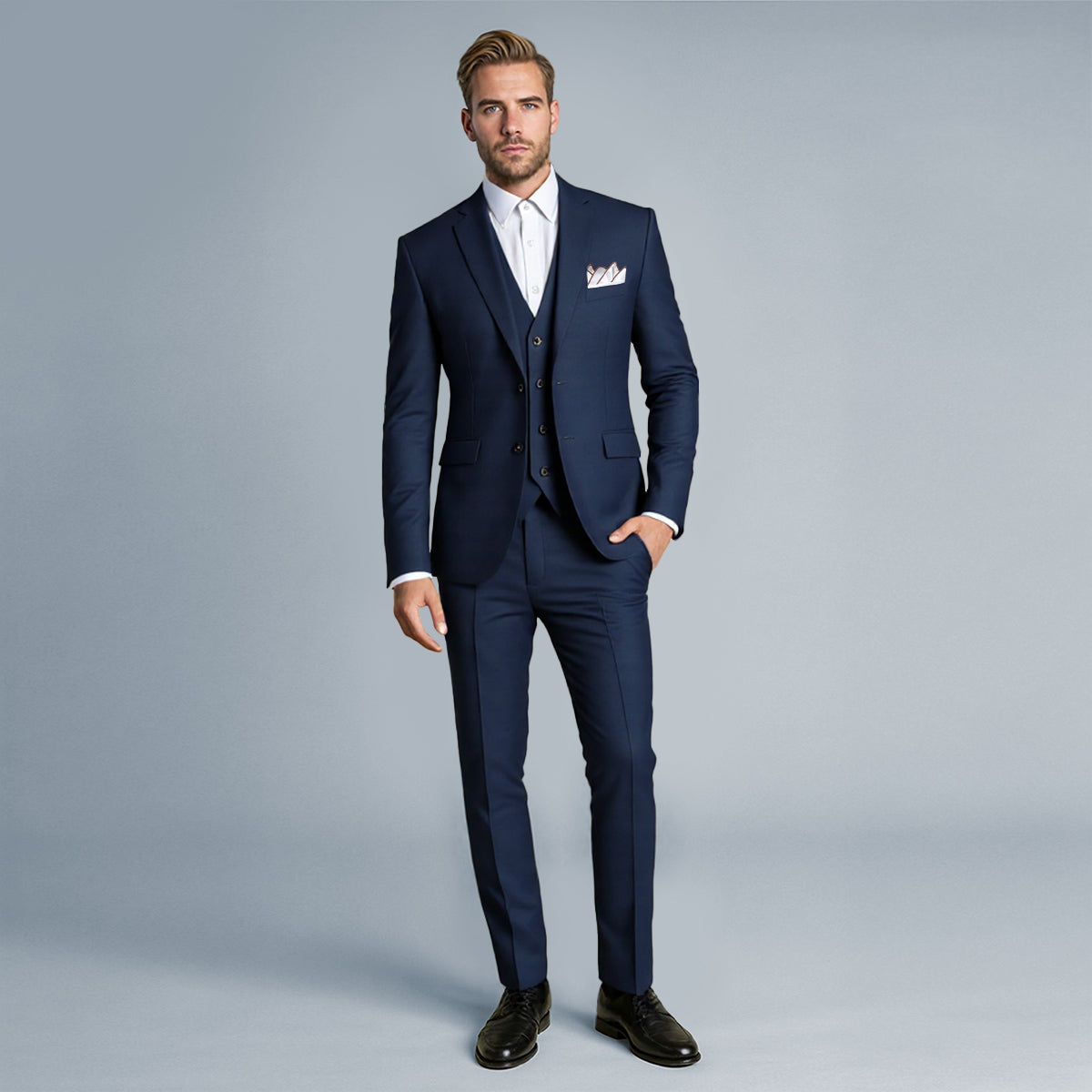 3-Piece Notched Lapel Casual Navy Suit -Cloudstyle