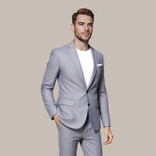 Light Grey # Men's classic two-button blazer with notched lapel and single-breasted closure, light grey solid sport coat jacket with four-button cuffs and exquisite handkerchief pocket for business, office, wedding and casual daily wear, isolated on white background.