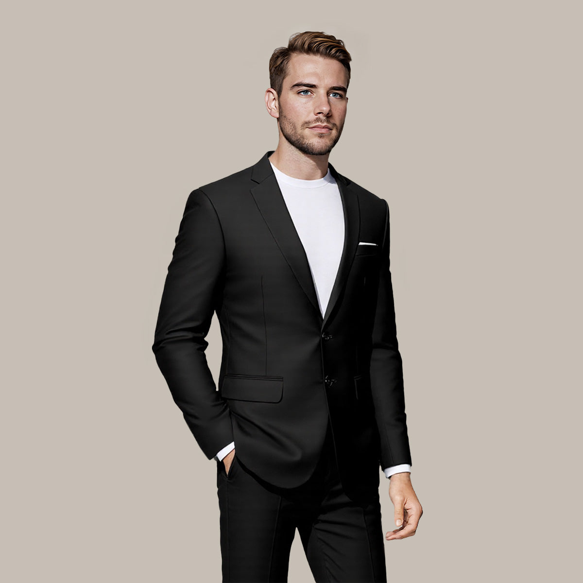 Black # Men's classic two-button blazer with notched lapel and four resin button cuffs, black formal sport coat with handkerchief design and polyester viscose blend fabric for business, office, wedding and daily wear, isolated on white background.