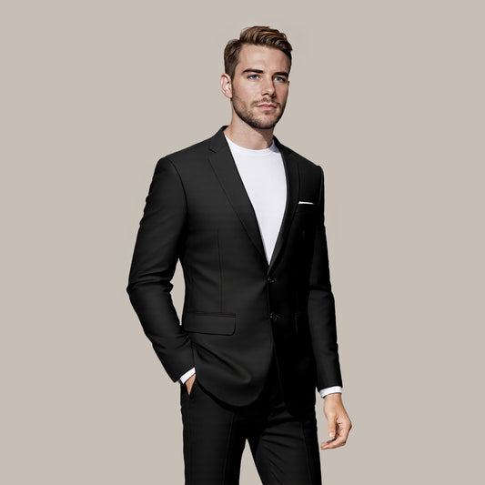 Black # Men's classic two-button blazer with notched lapel and four resin button cuffs, black formal sport coat with handkerchief design and polyester viscose blend fabric for business, office, wedding and daily wear, isolated on white background.