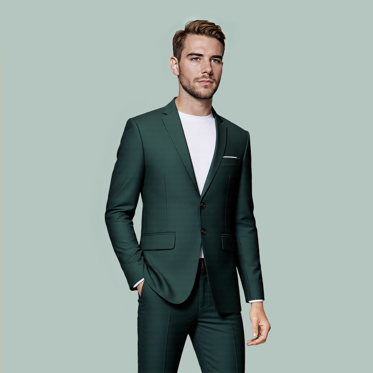 Jasper # Men's classic two-button blazer with notched lapel and four resin button cuffs, jasper sport coat with handkerchief design and polyester viscose blend fabric for business, office, wedding and daily wear, isolated on white background.