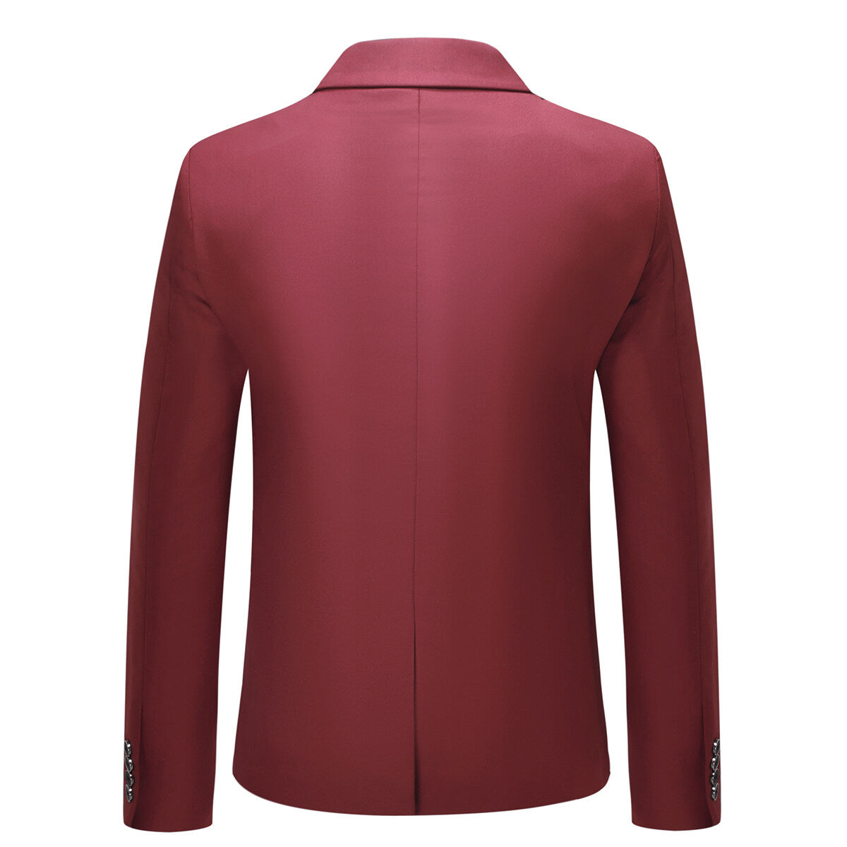 Maroon # Men's classic two-button blazer with notched lapel and four resin button cuffs, maroon formal sport coat with handkerchief design and polyester viscose blend fabric for business, office, wedding and daily wear, isolated on white background.