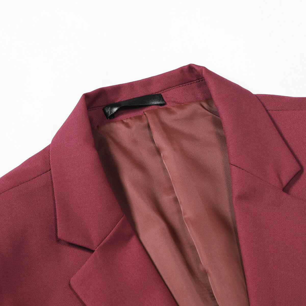 Maroon # Men's classic two-button blazer with notched lapel and four resin button cuffs, maroon formal sport coat with handkerchief design and polyester viscose blend fabric for business, office, wedding and daily wear, isolated on white background.