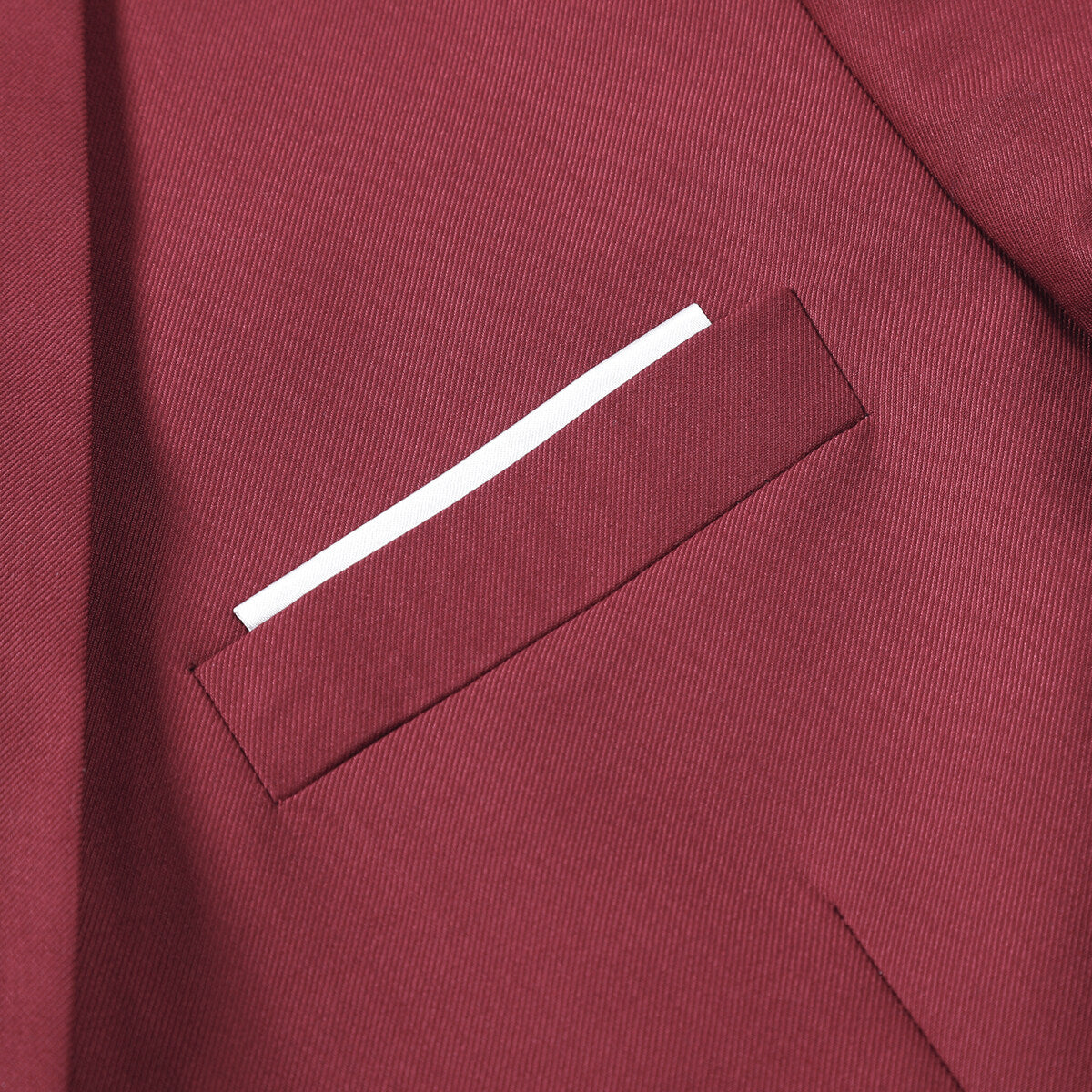 Maroon # Men's classic two-button blazer with notched lapel and four resin button cuffs, maroon formal sport coat with handkerchief design and polyester viscose blend fabric for business, office, wedding and daily wear, isolated on white background.