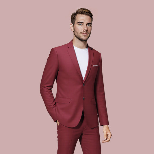 Maroon # Men's classic two-button blazer with notched lapel and four resin button cuffs, maroon formal sport coat with handkerchief design and polyester viscose blend fabric for business, office, wedding and daily wear, isolated on white background.