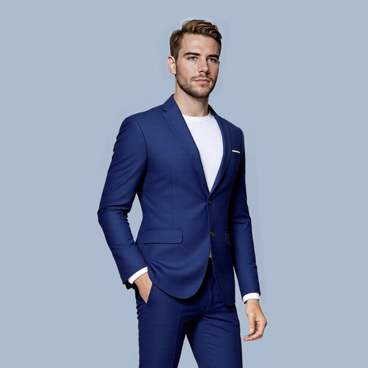 Navy # Men's classic two-button blue blazer with notched lapel and four resin button cuffs, navy formal sport coat with handkerchief design and polyester viscose blend fabric for business, office, wedding and daily wear, isolated on white background.