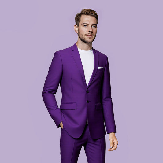 Purple # Men's classic two-button blazer with notched lapel and four resin button cuffs, purple formal sport coat with handkerchief design and polyester viscose blend fabric for business, office, wedding and daily wear, isolated on white background.