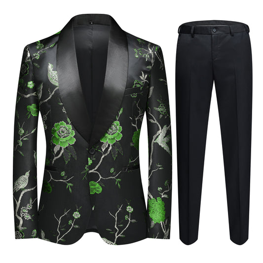 Black Green # Men's slim fit bird embroidered 2-piece suit with notched lapel and one-button single-breasted closure, black and green embroidered blazer jacket with matching trousers, fully lined formal wear for party, wedding, prom and special events, isolated on white background.