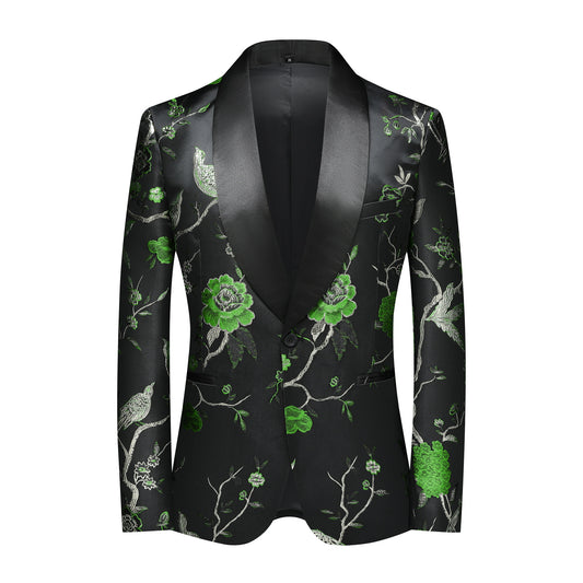 Black Green # Men's slim fit bird embroidered 2-piece suit with notched lapel and one-button single-breasted closure, black and green embroidered blazer jacket with matching trousers, fully lined formal wear for party, wedding, prom and special events, isolated on white background.