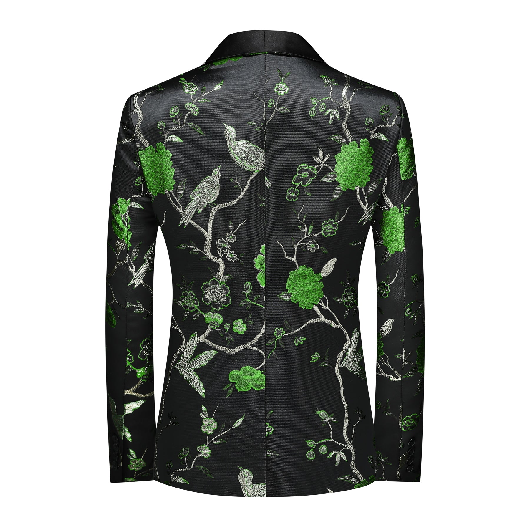 Black Green # Men's slim fit bird embroidered 2-piece suit with notched lapel and one-button single-breasted closure, black and green embroidered blazer jacket with matching trousers, fully lined formal wear for party, wedding, prom and special events, isolated on white background.