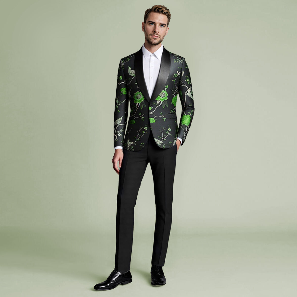 Black Green # Men's slim fit bird embroidered 2-piece suit with notched lapel and one-button single-breasted closure, black and green embroidered blazer jacket with matching trousers, fully lined formal wear for party, wedding, prom and special events, isolated on white background.