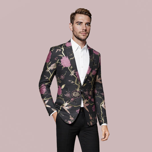 Pink # Men's one-button notched lapel embroidered blazer with single-breasted closure and slim fit, soft and breathable polyester spandex sport coat with elegant embroidery for party, prom, banquet, show, festival and special occasions, isolated on white background.