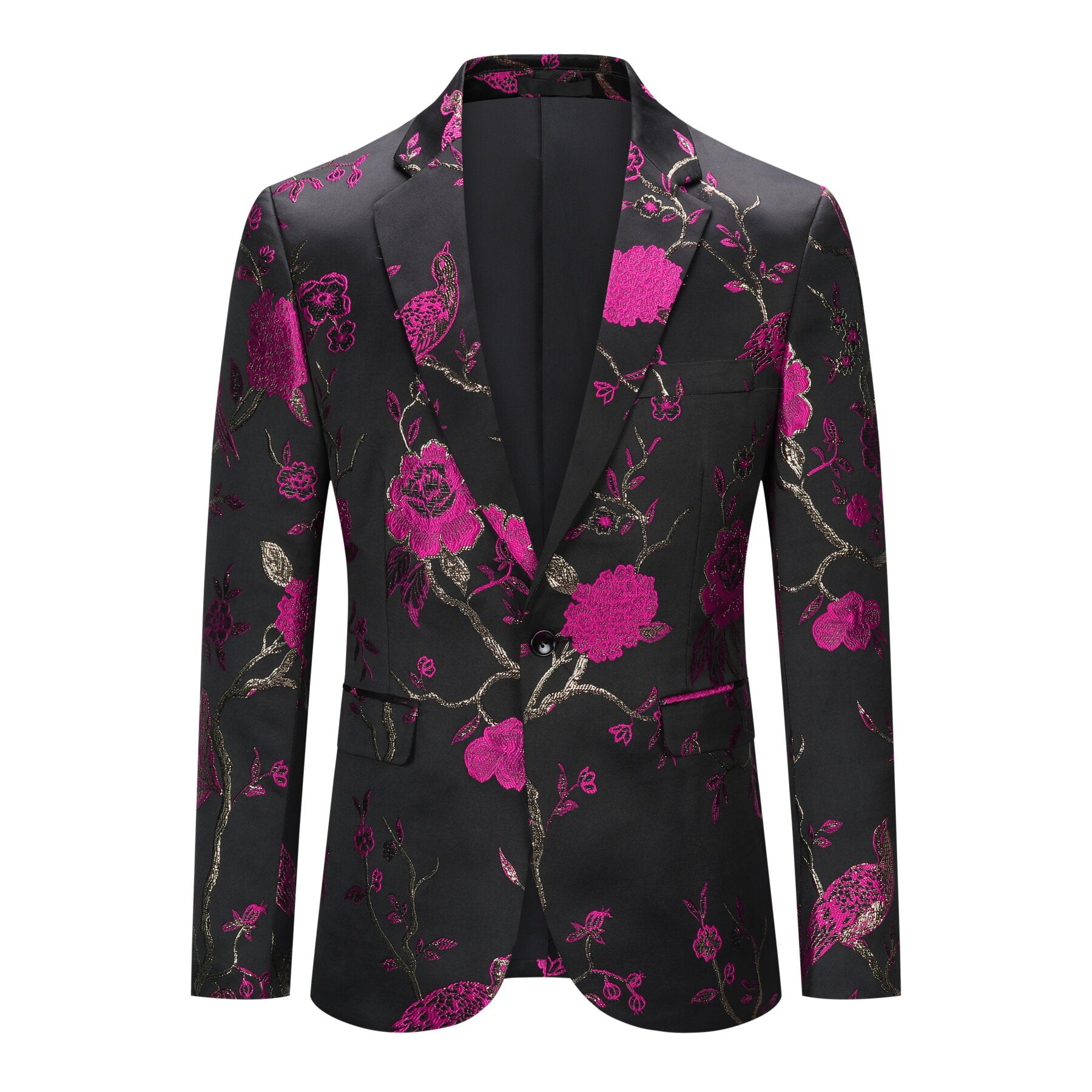 Rose Red # Men's one-button notched lapel embroidered blazer with single-breasted closure, rose red sport coat jacket with soft breathable polyester spandex fabric and excellent stitching for party, prom, banquet, show, festival and special occasions, isolated on white background.
