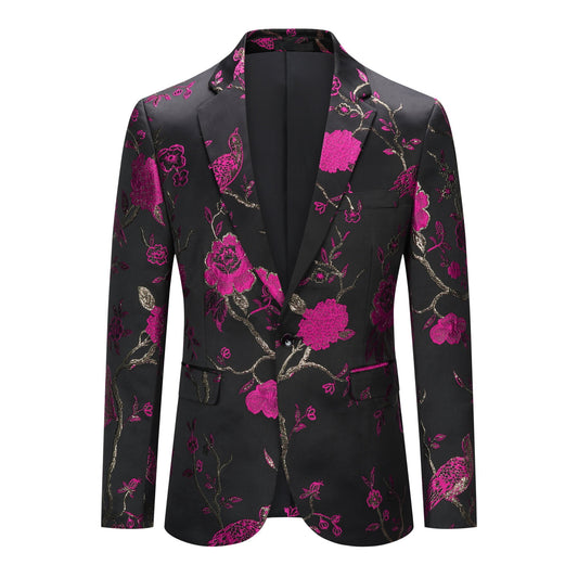 Rose Red # Men's one-button notched lapel embroidered blazer with single-breasted closure, rose red sport coat jacket with soft breathable polyester spandex fabric and excellent stitching for party, prom, banquet, show, festival and special occasions, isolated on white background.