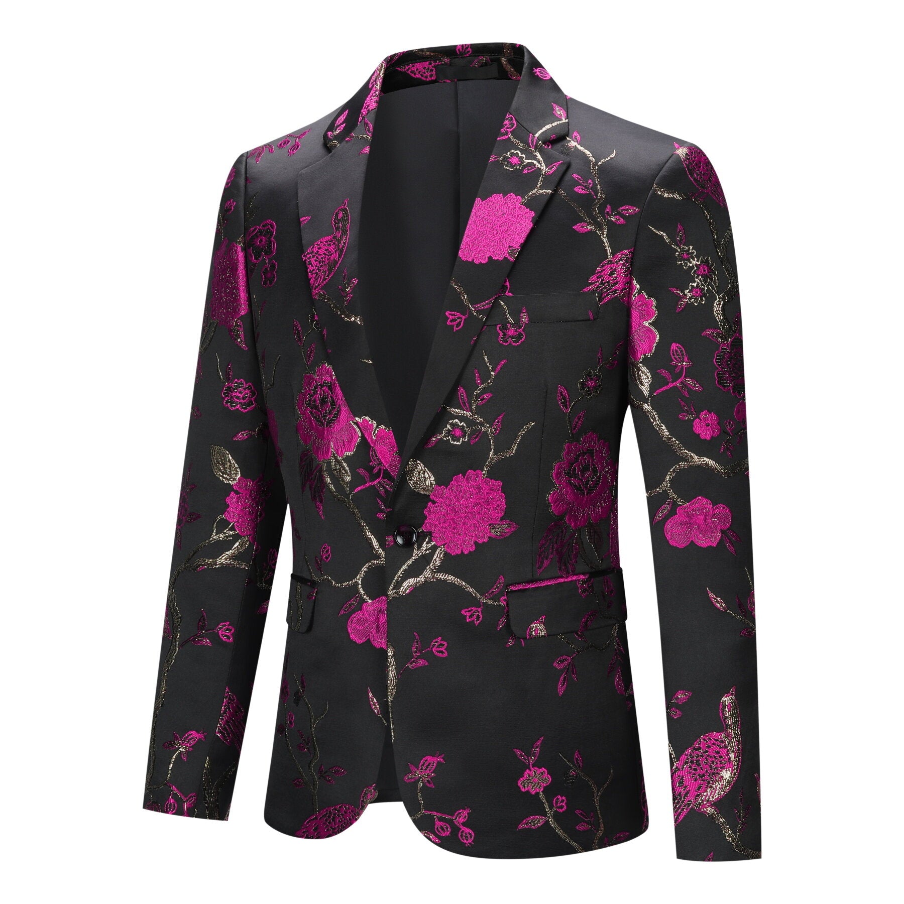 Rose Red # Men's one-button notched lapel embroidered blazer with single-breasted closure, rose red sport coat jacket with soft breathable polyester spandex fabric and excellent stitching for party, prom, banquet, show, festival and special occasions, isolated on white background.