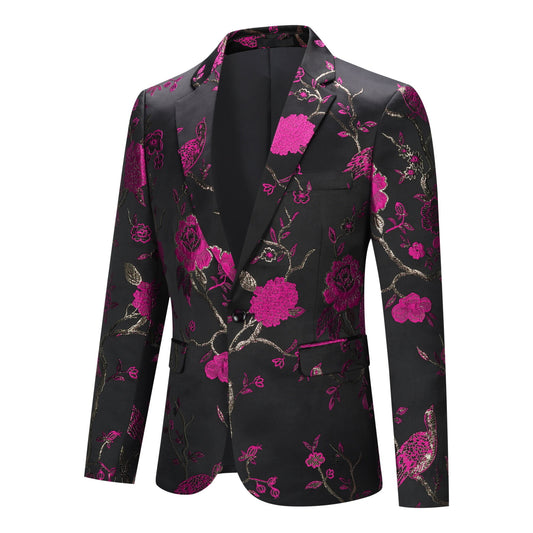 Rose Red # Men's one-button notched lapel embroidered blazer with single-breasted closure, rose red sport coat jacket with soft breathable polyester spandex fabric and excellent stitching for party, prom, banquet, show, festival and special occasions, isolated on white background.