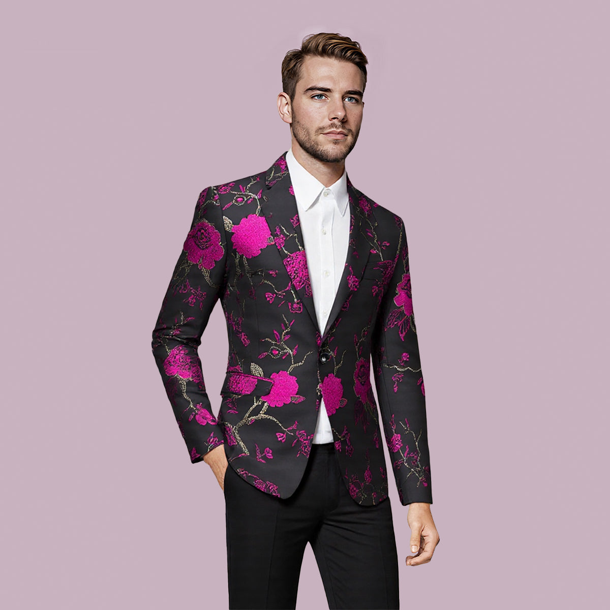 Rose Red # Men's one-button notched lapel embroidered blazer with single-breasted closure, rose red sport coat jacket with soft breathable polyester spandex fabric and excellent stitching for party, prom, banquet, show, festival and special occasions, isolated on white background.