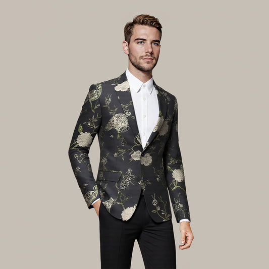 Silver # Men's one-button notched lapel embroidered blazer, slim fit single-breasted sport coat jacket with silver embroidery and soft stretch fabric for party, prom, banquet, show and special occasions, isolated on white background.