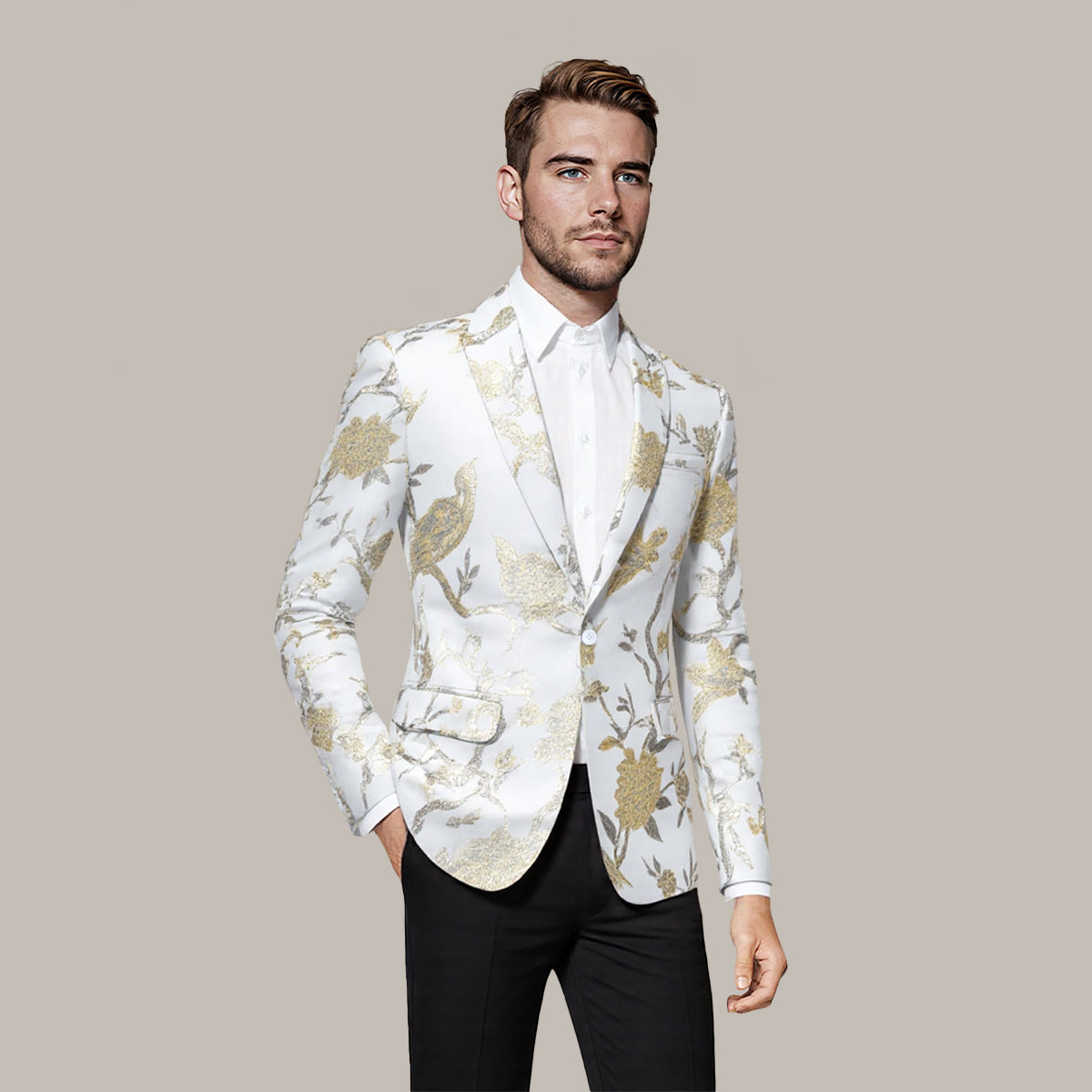 White # Men's one-button notched lapel embroidered blazer with single-breasted closure and slim fit, soft and breathable polyester spandex sport coat with elegant embroidery for party, prom, banquet, show, festival and special occasions, isolated on white background.