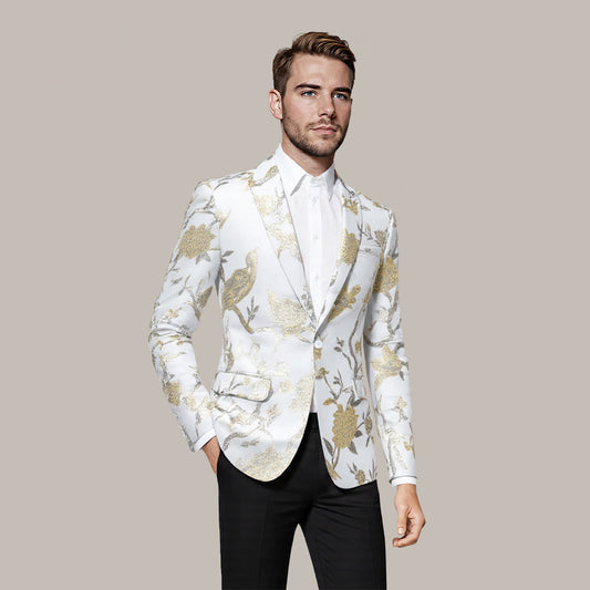 White # Men's one-button notched lapel embroidered blazer with single-breasted closure and slim fit, soft and breathable polyester spandex sport coat with elegant embroidery for party, prom, banquet, show, festival and special occasions, isolated on white background.