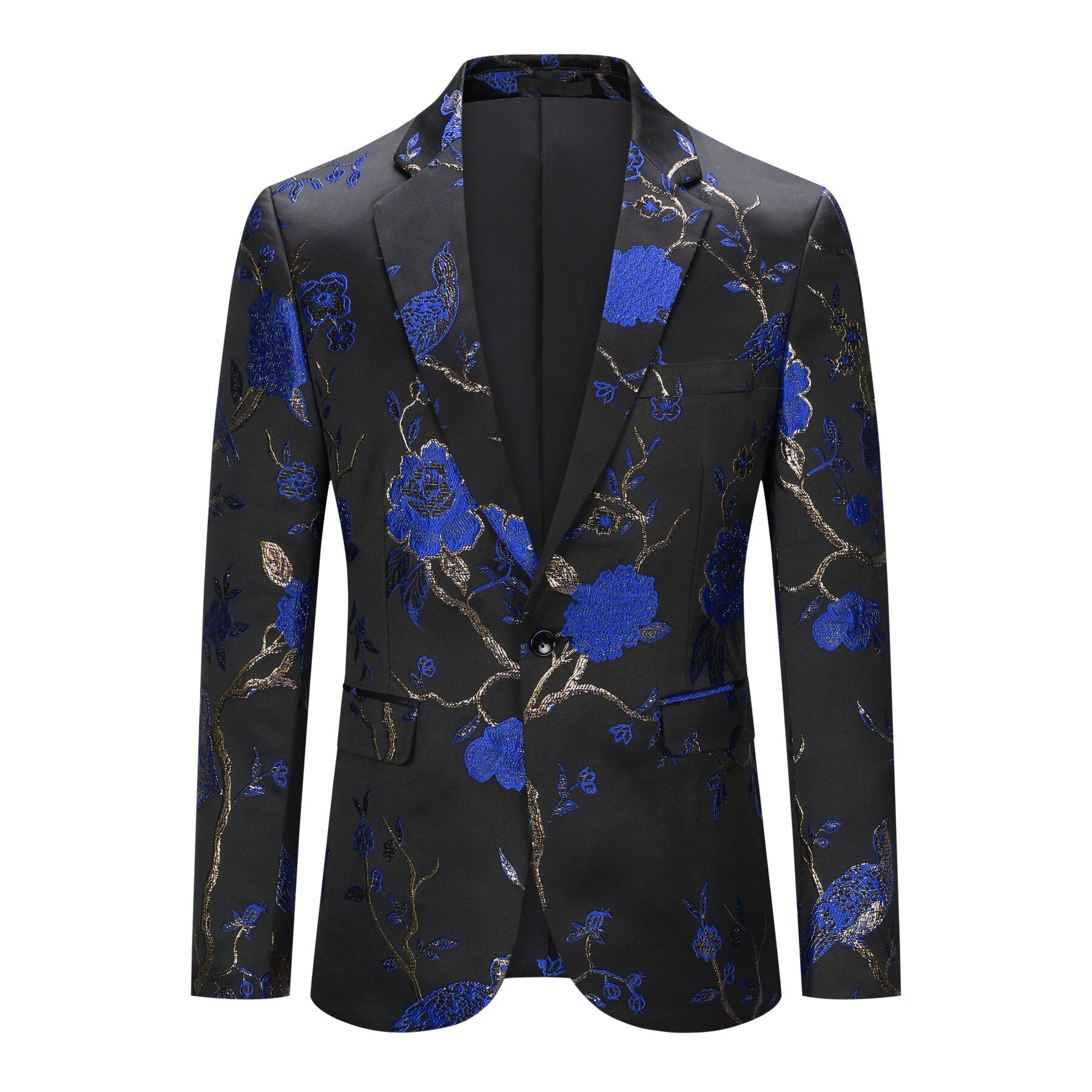 Blue # Men's one-button notched lapel embroidered blazer with single-breasted closure, stylish blue sport coat jacket with soft polyester spandex blend fabric and exquisite stitching for party, prom, banquet, show, performance and special occasions, isolated on white background.