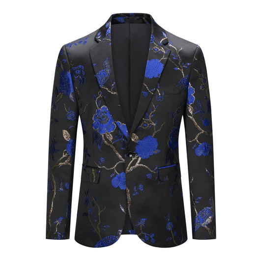 Blue # Men's one-button notched lapel embroidered blazer with single-breasted closure, stylish blue sport coat jacket with soft polyester spandex blend fabric and exquisite stitching for party, prom, banquet, show, performance and special occasions, isolated on white background.