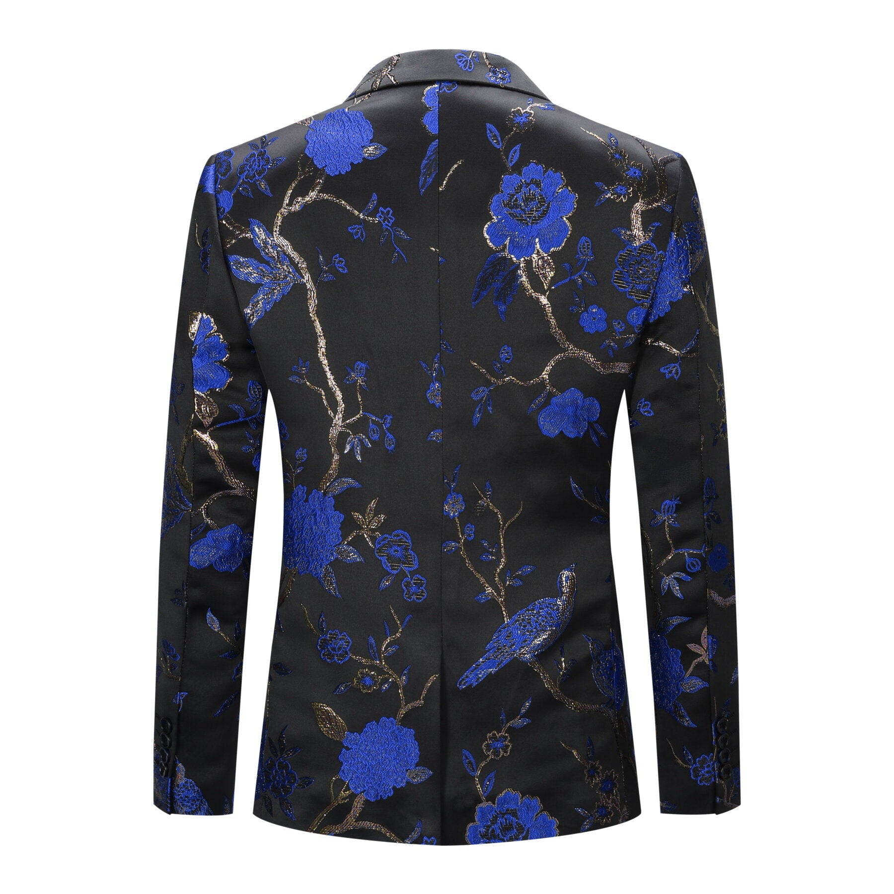 Blue # Men's one-button notched lapel embroidered blazer with single-breasted closure, stylish blue sport coat jacket with soft polyester spandex blend fabric and exquisite stitching for party, prom, banquet, show, performance and special occasions, isolated on white background.