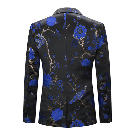 Blue # Men's one-button notched lapel embroidered blazer with single-breasted closure, stylish blue sport coat jacket with soft polyester spandex blend fabric and exquisite stitching for party, prom, banquet, show, performance and special occasions, isolated on white background.