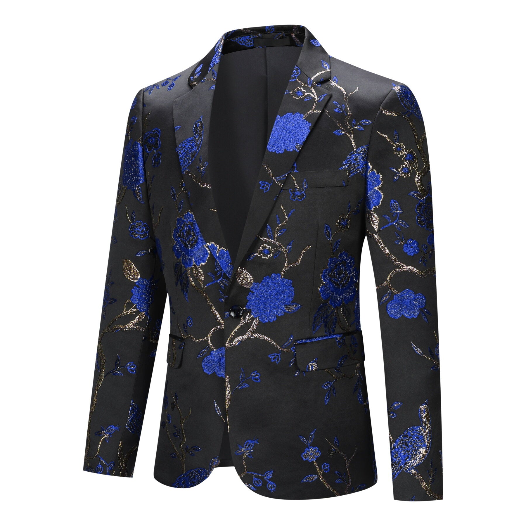 Blue # Men's one-button notched lapel embroidered blazer with single-breasted closure, stylish blue sport coat jacket with soft polyester spandex blend fabric and exquisite stitching for party, prom, banquet, show, performance and special occasions, isolated on white background.