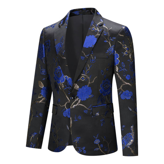 Blue # Men's one-button notched lapel embroidered blazer with single-breasted closure, stylish blue sport coat jacket with soft polyester spandex blend fabric and exquisite stitching for party, prom, banquet, show, performance and special occasions, isolated on white background.