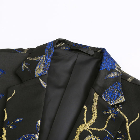 Blue # Men's one-button notched lapel embroidered blazer with single-breasted closure, stylish blue sport coat jacket with soft polyester spandex blend fabric and exquisite stitching for party, prom, banquet, show, performance and special occasions, isolated on white background.
