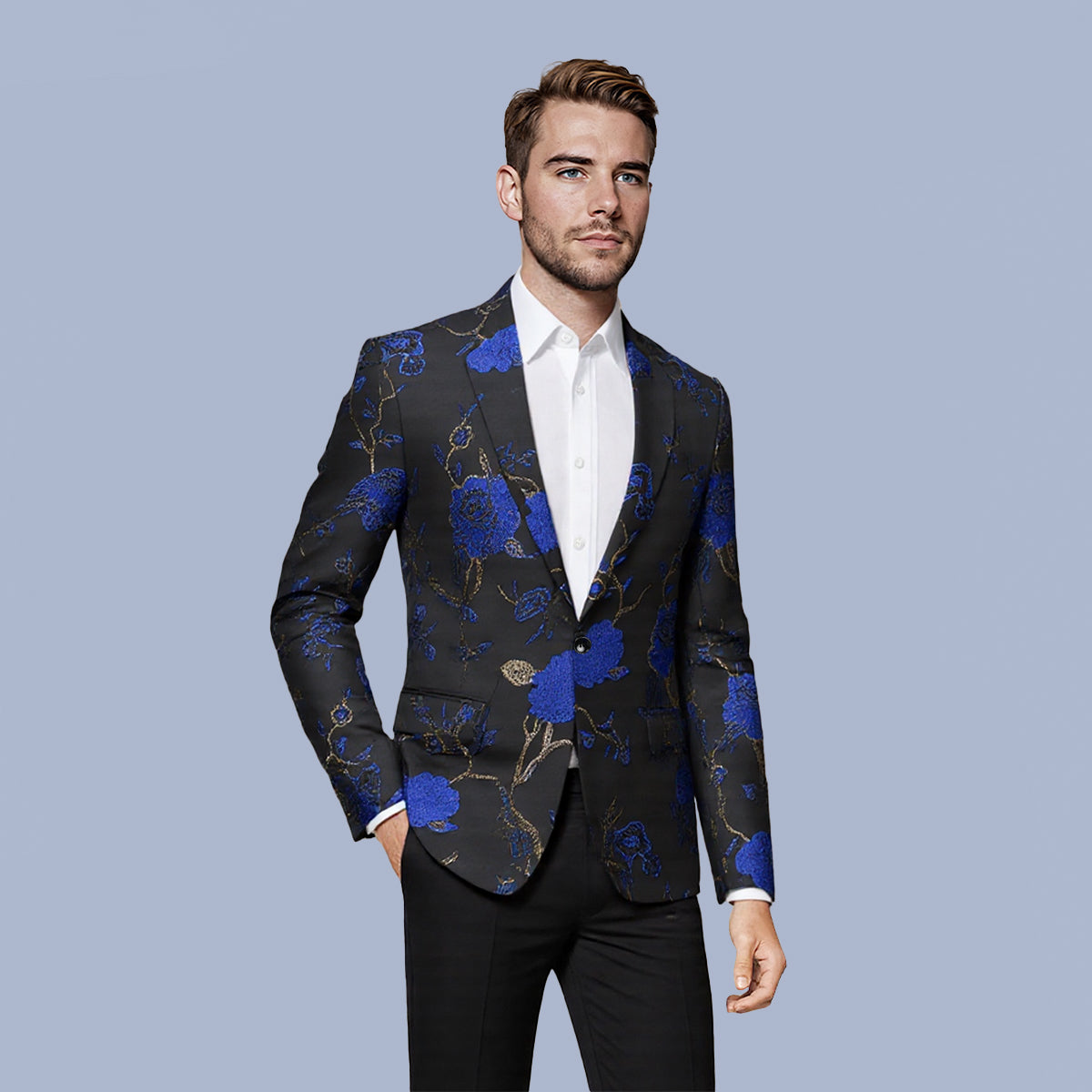 Blue # Men's one-button notched lapel embroidered blazer with single-breasted closure, stylish blue sport coat jacket with soft polyester spandex blend fabric and exquisite stitching for party, prom, banquet, show, performance and special occasions, isolated on white background.