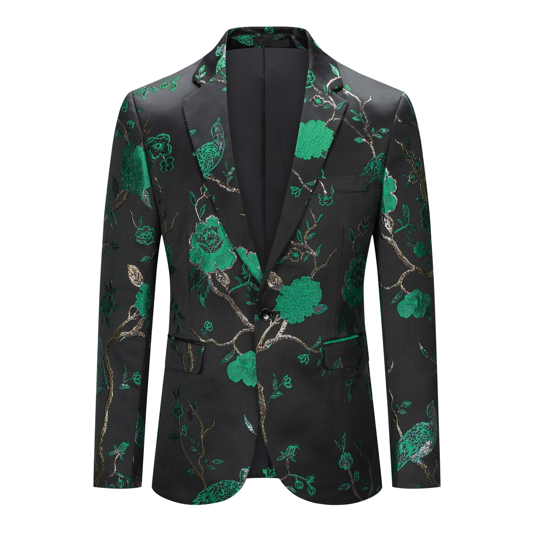 Green # Men's one-button embroidered blazer with notched lapel, stylish green sport coat jacket with soft polyester spandex fabric and excellent stitching for party, prom, banquet, stage performance and special events, isolated on white background.