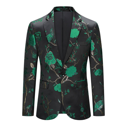 Green # Men's one-button embroidered blazer with notched lapel, stylish green sport coat jacket with soft polyester spandex fabric and excellent stitching for party, prom, banquet, stage performance and special events, isolated on white background.