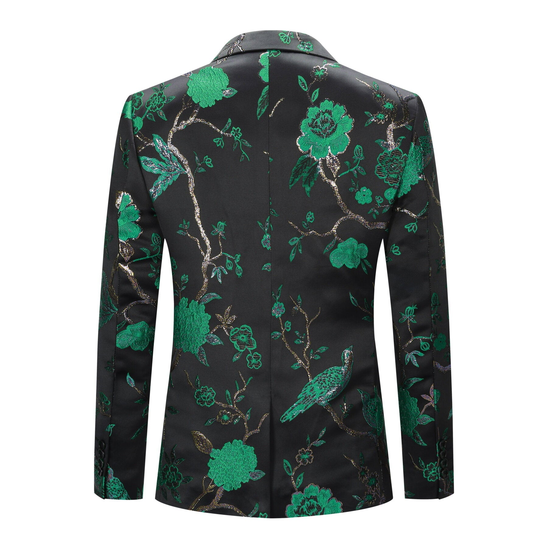 Green # Men's one-button embroidered blazer with notched lapel, stylish green sport coat jacket with soft polyester spandex fabric and excellent stitching for party, prom, banquet, stage performance and special events, isolated on white background.