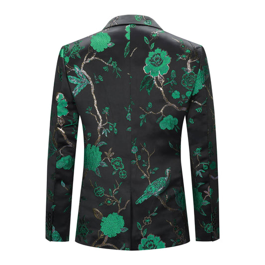 Green # Men's one-button embroidered blazer with notched lapel, stylish green sport coat jacket with soft polyester spandex fabric and excellent stitching for party, prom, banquet, stage performance and special events, isolated on white background.