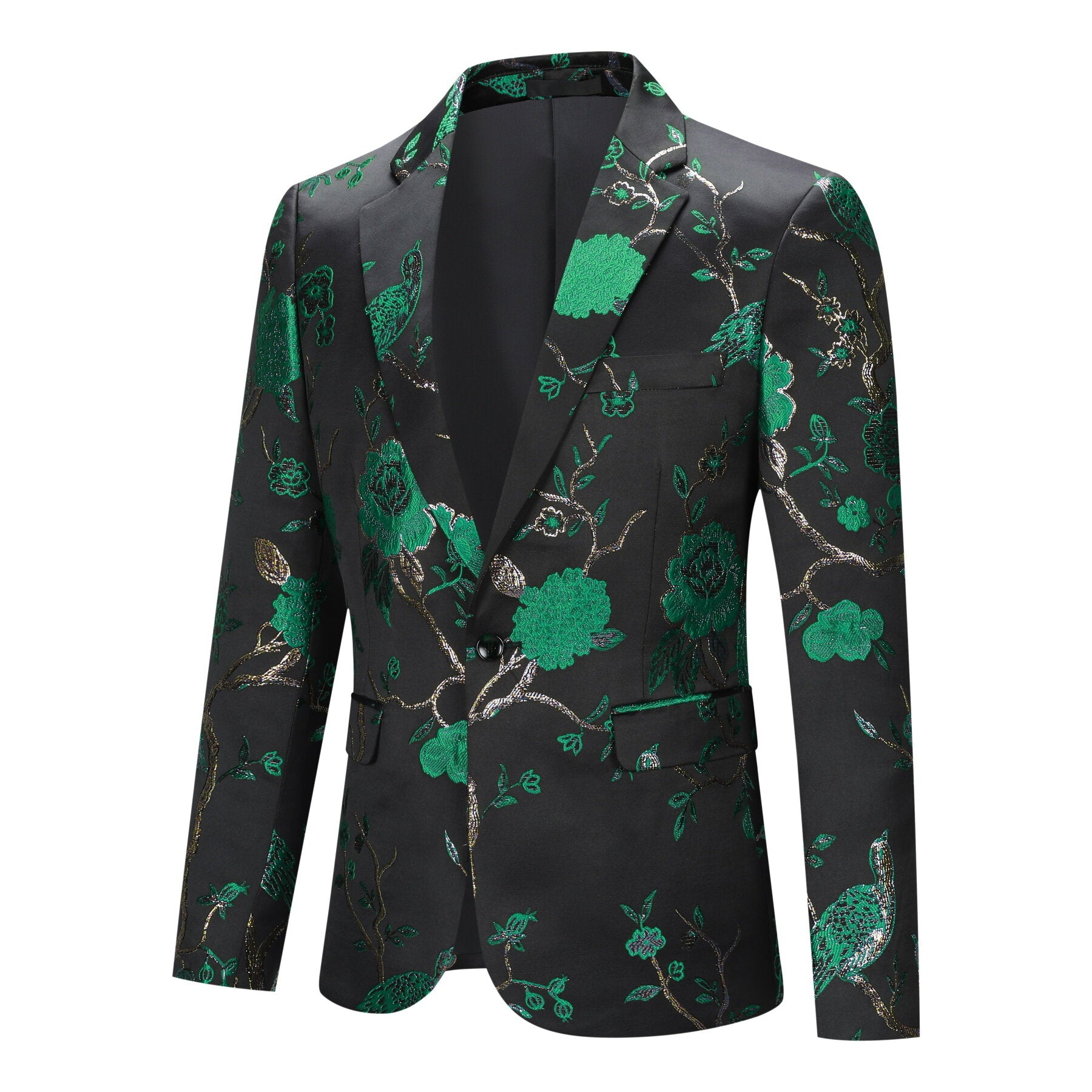 Green # Men's one-button embroidered blazer with notched lapel, stylish green sport coat jacket with soft polyester spandex fabric and excellent stitching for party, prom, banquet, stage performance and special events, isolated on white background.