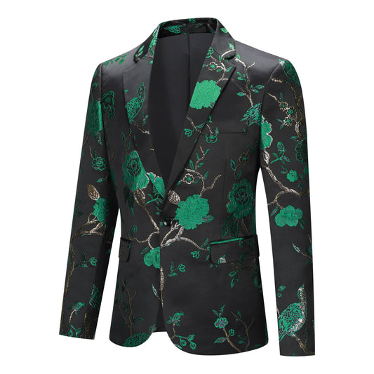 Green # Men's one-button embroidered blazer with notched lapel, stylish green sport coat jacket with soft polyester spandex fabric and excellent stitching for party, prom, banquet, stage performance and special events, isolated on white background.