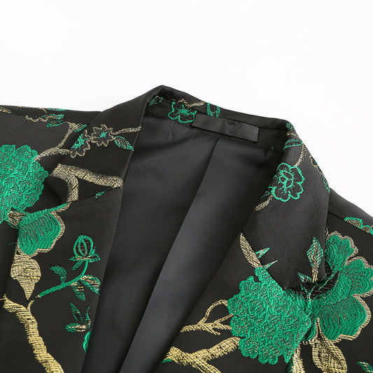 Green # Men's one-button embroidered blazer with notched lapel, stylish green sport coat jacket with soft polyester spandex fabric and excellent stitching for party, prom, banquet, stage performance and special events, isolated on white background.