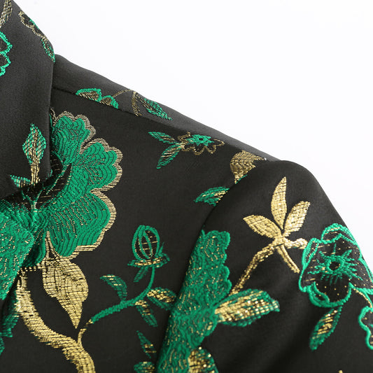 Green # Men's one-button embroidered blazer with notched lapel, stylish green sport coat jacket with soft polyester spandex fabric and excellent stitching for party, prom, banquet, stage performance and special events, isolated on white background.