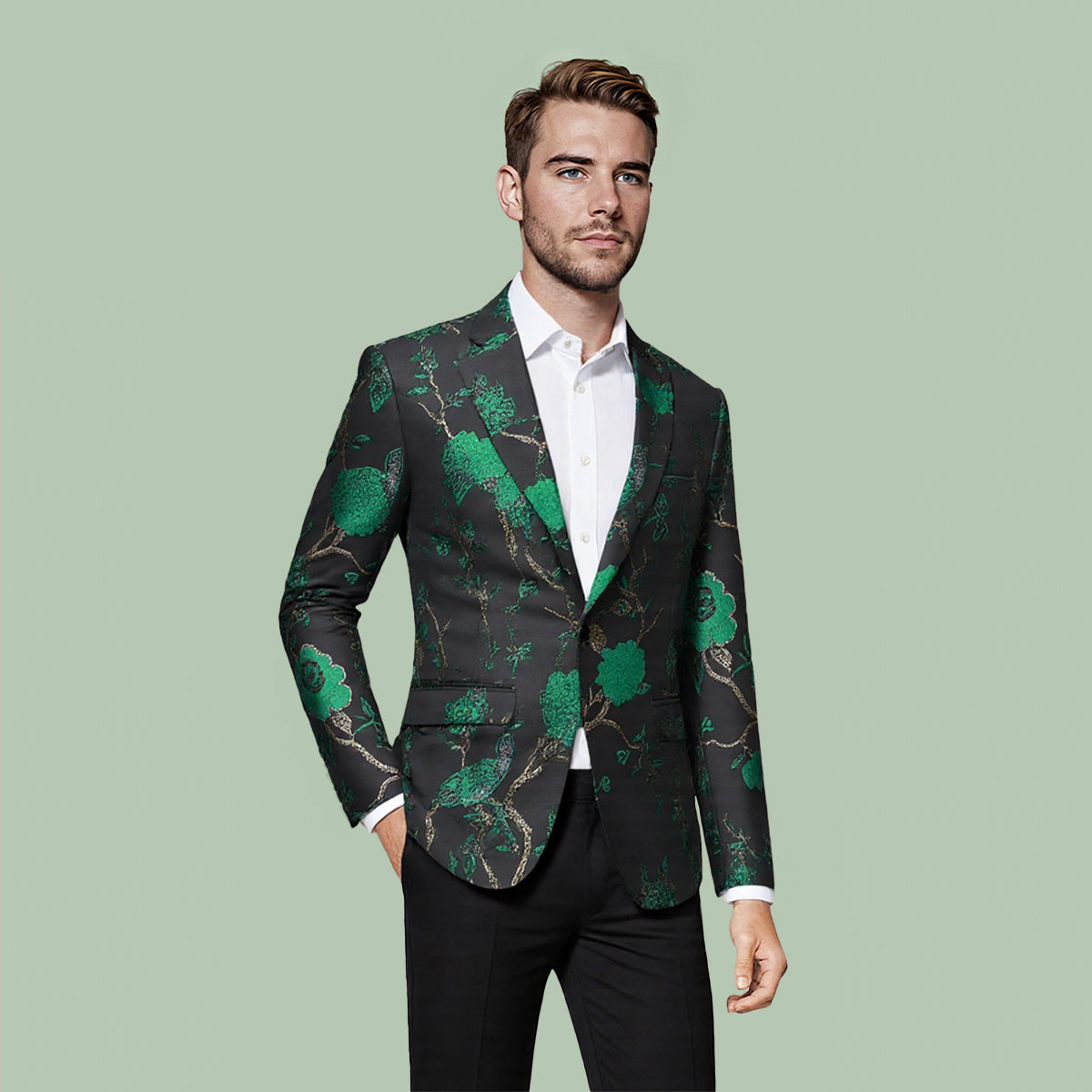Green # Men's one-button embroidered blazer with notched lapel, stylish green sport coat jacket with soft polyester spandex fabric and excellent stitching for party, prom, banquet, stage performance and special events, isolated on white background.