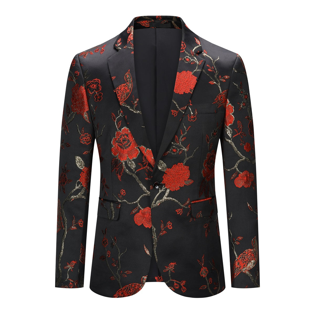 Red # Men's one-button notched lapel embroidered blazer, slim fit red sport coat jacket with elegant embroidery and soft breathable polyester spandex fabric for party, prom, banquet, performance and special occasions, isolated on white background.