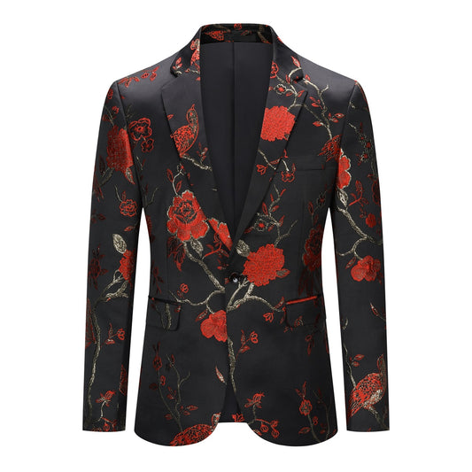 Red # Men's one-button notched lapel embroidered blazer, slim fit red sport coat jacket with elegant embroidery and soft breathable polyester spandex fabric for party, prom, banquet, performance and special occasions, isolated on white background.