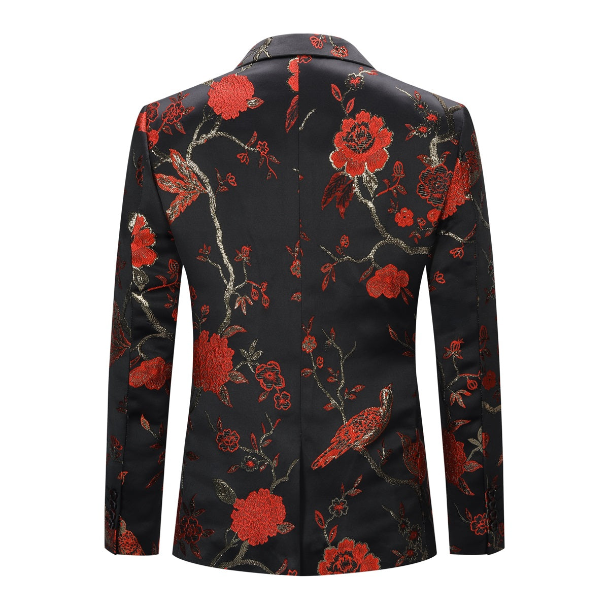 Red # Men's one-button notched lapel embroidered blazer, slim fit red sport coat jacket with elegant embroidery and soft breathable polyester spandex fabric for party, prom, banquet, performance and special occasions, isolated on white background.