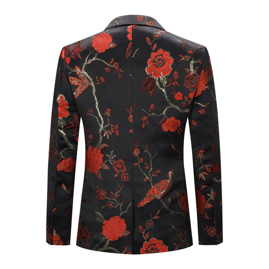 Red # Men's one-button notched lapel embroidered blazer, slim fit red sport coat jacket with elegant embroidery and soft breathable polyester spandex fabric for party, prom, banquet, performance and special occasions, isolated on white background.