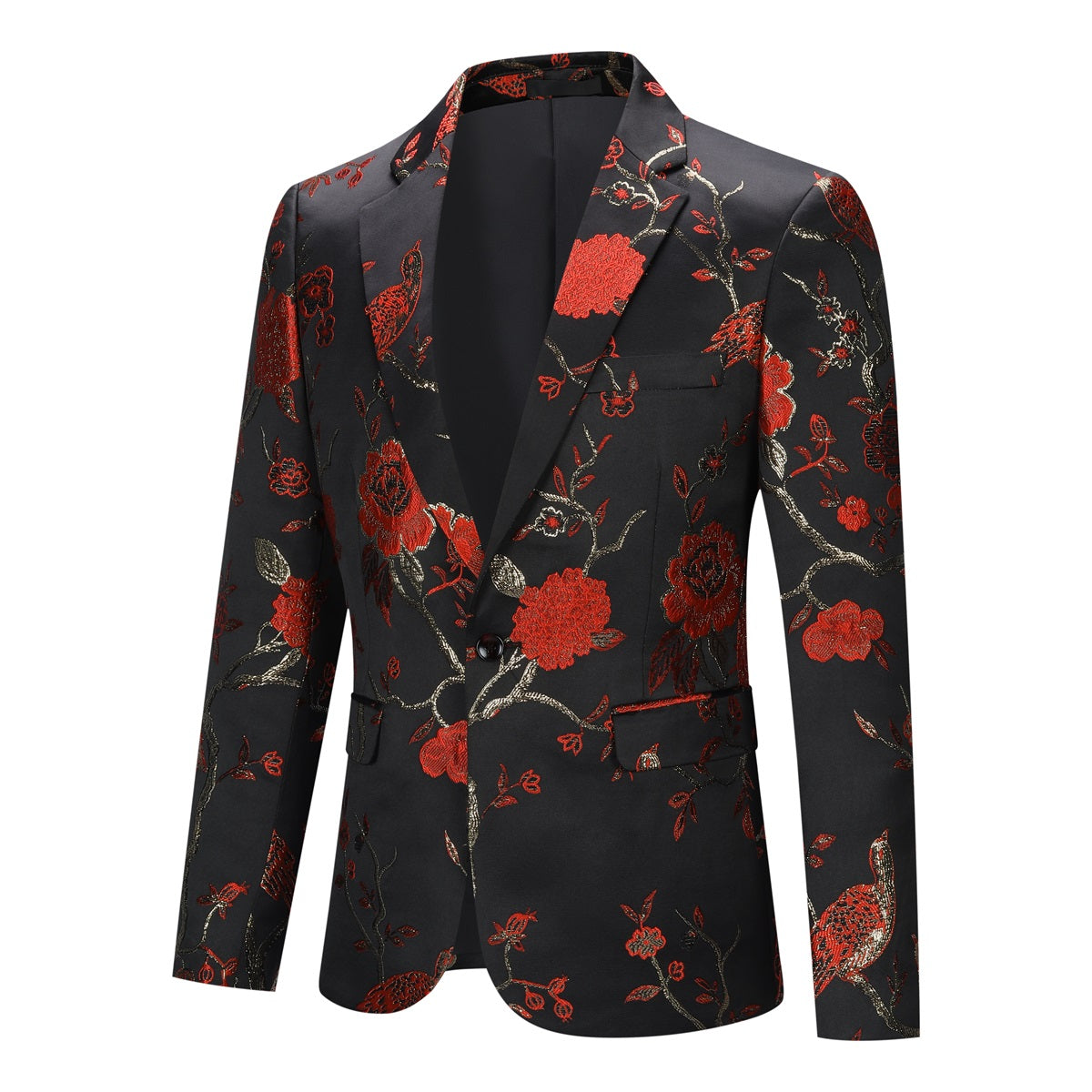 Red # Men's one-button notched lapel embroidered blazer, slim fit red sport coat jacket with elegant embroidery and soft breathable polyester spandex fabric for party, prom, banquet, performance and special occasions, isolated on white background.