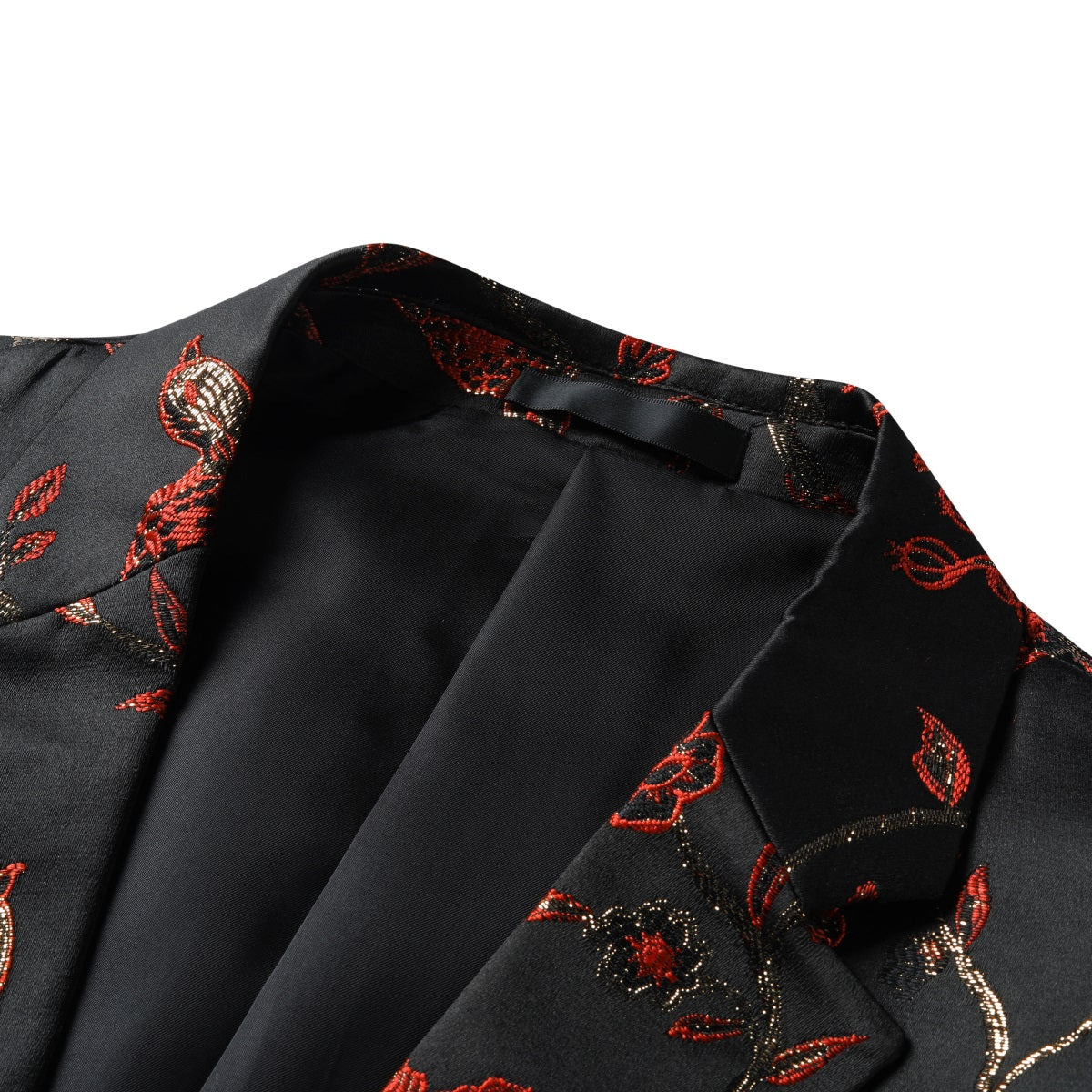 Red # Men's one-button notched lapel embroidered blazer, slim fit red sport coat jacket with elegant embroidery and soft breathable polyester spandex fabric for party, prom, banquet, performance and special occasions, isolated on white background.